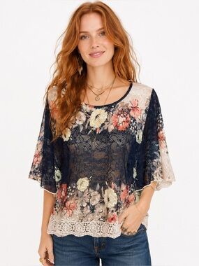 C. Oliver Floral Lace Mesh Blouse Medium Boho Hippie Bell Sleeve Sheer Top
